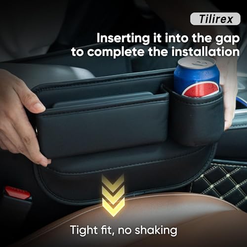 Universal Car Seat Gap Filler Organizer, Premium Leather Car Seat Organizer, Seat Gap Storage Box with Cup Holder for Drink, Front Seat Gap Bag for Phone, Sunglasses,Keys, 2 Packs (Left+Right)