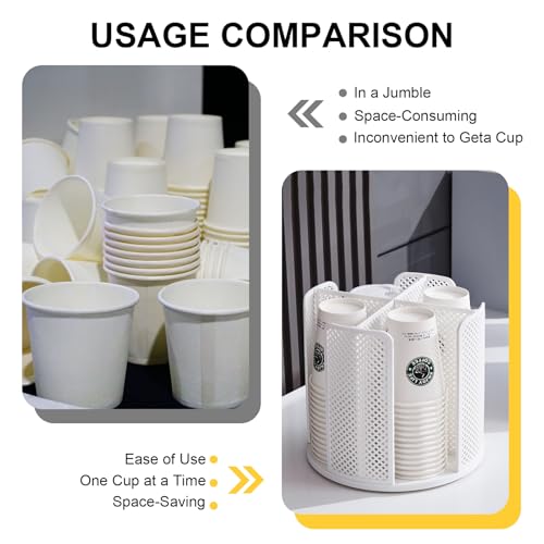 Coffee Cup Dispenser,360°Rotating Paper Cup Dispenser,Cup Holder with 4 Compartments Removable,Cup Dispenser Countertop,Disposable Paper & Plastic Cups,for Restaurant,Coffee Station,Bar,Office - color: White