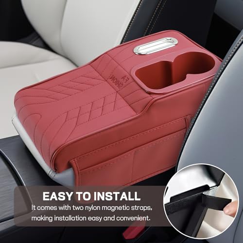 Car Center Console Armrest Pillow, 13.4"×7.5"×2" Leather Auto Arm Rest Cover with Pocket & Tissue Box & Cup Holder, Multifunctional Vehicle Armrest Cushion Pad, Car Accessories (Red)