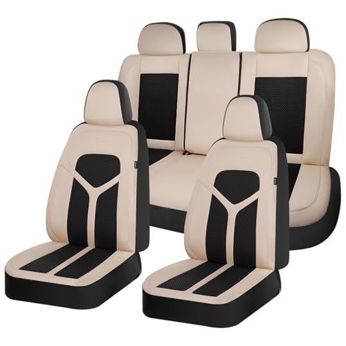 Car Seat Covers Full Set, Universal Seat Cover 5 Seats, Automotive Seat Covers with Mesh Leather, Waterproof Car Seat Protector, Breathable Car Seat Cushion for Most Car SUV Truck, Beige - color: Beige, size: Full set