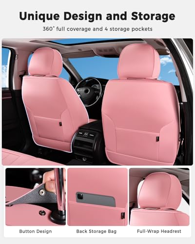 Huidasource Leather Car Seat Covers Full Set, Full Coverage Universal Fit for Most Cars SUVs Trucks, Easy Install with Velcro, Airbag Compatible, Retains Seat Functions & Cupholders, Pink - color: FS: Pink, size: Full Set