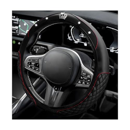 Soft Leather Steering Wheel Cover, 15 Inch Elastic Non-Slip Car Wheel Protector with Crystal Diamond, Universal Sparkling Diamond Crown Accessories for Most Steering Wheels (Black) - color: Black