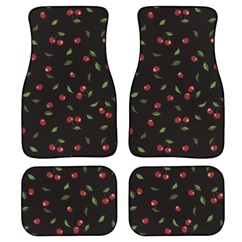 Red Cherry Floor Mats for Cars Universal Sweet Berries with Green Leaves Cute Organic Summer Fruits Car Floor Mats Full Set Front Rear Foot Carpets All Weather Auto Accessories for Trucks - color: Red Green Black