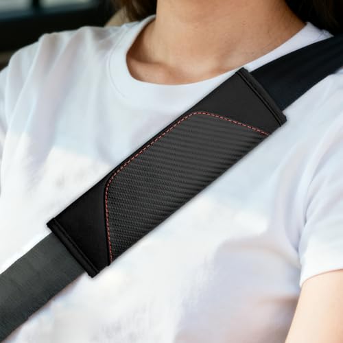 2PCS Car Seat Belt Cover, Seat Belt Cover Pad, Carbon Fiber Leather Vehicle Safety Strap Shoulder Pad, Comfortable Auto Harness Protector for Shoulder and Neck for Most Vehicles (Black Red) - color: Black Red