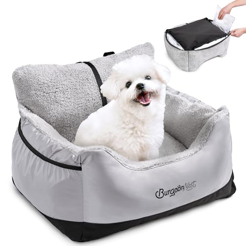 BurgeonNest Dog Car Seat for Small Dogs, Detachable and Washable Cat Carseats Under 25 lbs, Soft Pet Booster Seats with Storage Pockets and Clip-On Leash Portable Car Travel Carrier Bed, Black Grey - color: Black Grey, size: Small