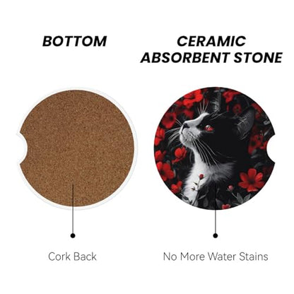 Absorbent Ceramic Car Coasters for Cup Holders, Black Cat Red Flower Design 2.56" Anti Slip Universal Drink Cup Coasters for Women Men (2 Pack) - color: Black Cat Red Flower