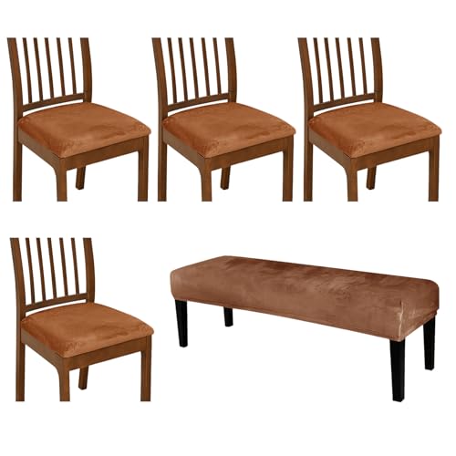 KRFOONN Velvet Chair Seat Covers for Dining Room Chairs Set of 4 with Bench Cover Washable Removable Kitchen Chair Seat Slipcovers Upholstered Bench Slipcover Seat Protector for Dining Room, A24 - color: Color A24