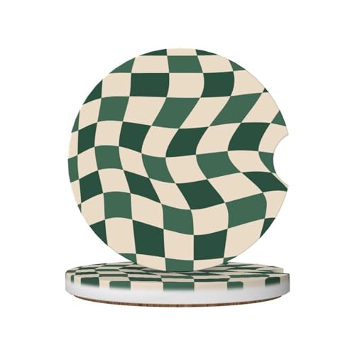 Aesthetic Green Checkered Car Coasters for Cup Holders,2 Pack Car Cup Holder Coasters for Car,Ceramic Absorbent Car Coaster with A Finger Notch and Cork Base,Car Interior Accessories for Women Men - color: Aesthetic Green Checkered