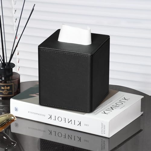 PU Leather Tissue Box Cover Square Tissue Box Holder with Magnetic Closure (Black) - color: Black