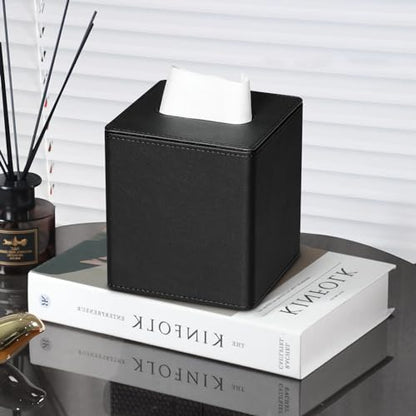 PU Leather Tissue Box Cover Square Tissue Box Holder with Magnetic Closure (Black) - color: Black