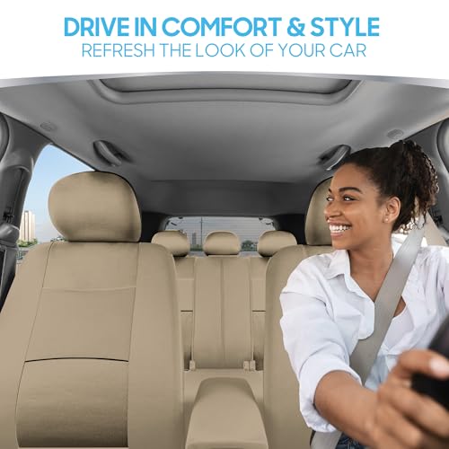 BDK OS-309-AB Tan Trim Black Car Seat Covers Full 9 Piece Set, Sleek & Stylish, Split Option Bench 5 Headrests Front & Rear Bench, Beige - color: Beige