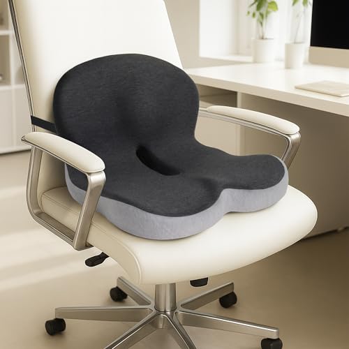 Car Seat Cushion and Lumbar Support Pillow with Fixing Strap, Larger Memory Foam Seat Cushion, Ergonomic L-Shaped Design Cushion for Back Pain Relief, Non-Slip Driving Cushion for Car, Office, Truck,