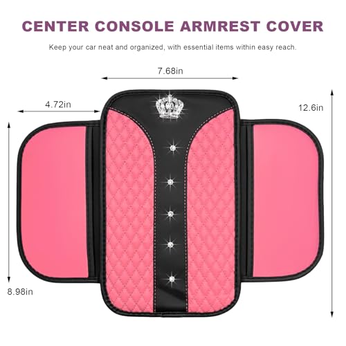 Bling Crown Car Center Console Cover, Crystal Leather Auto Armrest Box Cushion with 2 Storage Bags, Universal Crown Middle Console Cover Arm Rest Protector for Most Vehicles (Pink) - color: Pink