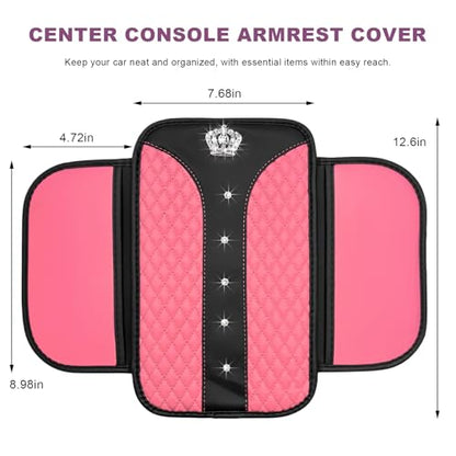Bling Crown Car Center Console Cover, Crystal Leather Auto Armrest Box Cushion with 2 Storage Bags, Universal Crown Middle Console Cover Arm Rest Protector for Most Vehicles (Pink) - color: Pink