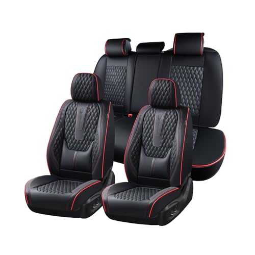 Coverado Car Seat Covers Full Set, Nappa Leather Seat Covers for Car, Waterproof Car Seat Protector with Lumbar Support, Automotive Seat Covers Universal Fit for Most Cars SUV Trucks (Black-Red line) - color: A/Black-Red line, size: FullSet