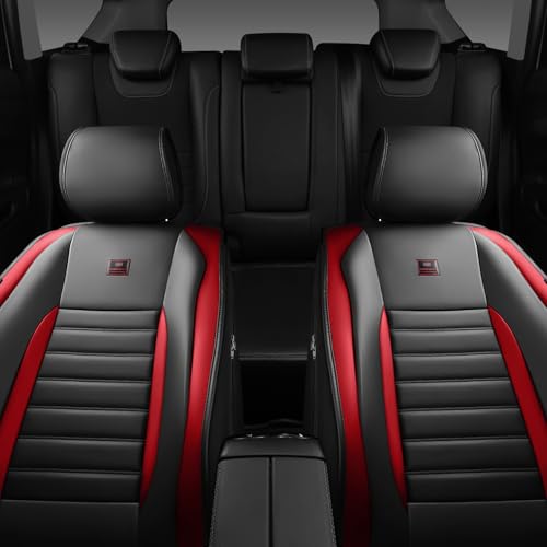 CAR PASS Nappa Leather Car Seat Covers Front Seats, Luxury Seat Protector for Cars, Waterproof Anti-Slip Seat Cushion Armrest Compatible Airbag Universal for Sedan SUV Pick-up Truck Auto, Black Red