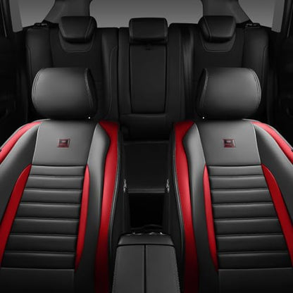 CAR PASS Nappa Leather Car Seat Covers Front Seats, Luxury Seat Protector for Cars, Waterproof Anti-Slip Seat Cushion Armrest Compatible Airbag Universal for Sedan SUV Pick-up Truck Auto, Black Red