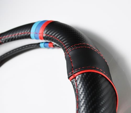 Carbon Fiber + Leather Steering Wheel Cover with Sporty Top Stripes, Non-Slip and Sweat Absorbent Universal fit 14 ½ to 15 inches SW for Most Car SUV Pickup - color: carbon pattern+black leather grip+stripes