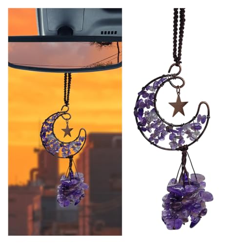 Amethyst Crystal Car Rear View Mirror Charm, Handmade Auto Mirror Hanging Accessories, Healing Crystal Moon Car Ornament, Lucky Auto Interior Decoration Pendant for Women Men (Purple) - color: Purple
