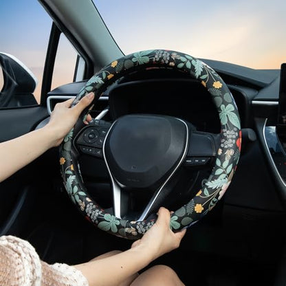 Flowers and Strawberries Steering Wheel Cover Auto Leather Steering Wheel Protector, Anti-Slip, Breathable, Absorbing Sweat, Universal Car Accessories 14.5–15 inch,Fit for Most Car, Trucks, SUV - style: Flowers and Strawberries