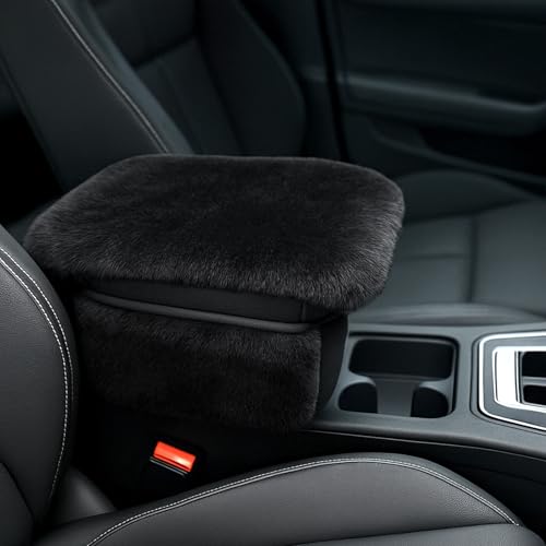 Fluffy Car Armrest Cover with Side Pockets – Plush Fuzzy Fur Center Console Armrest Cushion Pad, Universal Winter Car Interior Protector, Soft Arm Rest Cover with Storage for Women & Men (BLACK) - color: BLACK