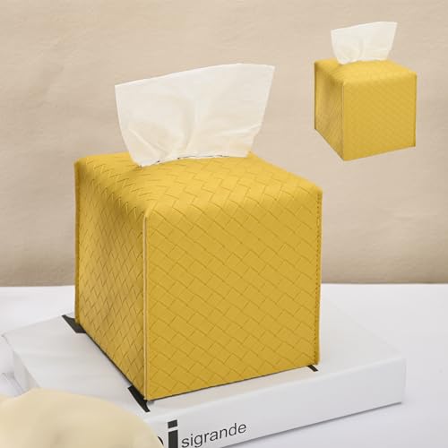 HOMOTEK 2 Pack Tissue Box Cover, Square PU Leather Tissue Holder, Decorative Facial Tissue Cube Paper Organizer Dispenser for Bathroom, Night Stands, Desk, Car 5X5X5'' - Woven Waffle,Mango Yellow - color: Mango Yellow, size: Woven Waffle