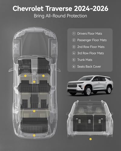 3W Floor Mats & Seat Back Mats & Cargo Liner for Chevrolet Chevy Traverse & GMC Acadia 2024-2026 (Only 7 Seats) & Buick Enclave 2025-2026, All Weather TPE Custom Fit Full Set Floor Liners - size: Chevy Traverse 2024-2026 Full Set
