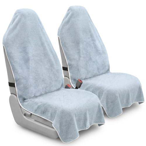 Car Seat Towel Cover, 2pcs Universal Front Seat Protector for Cars, SUVs and Trucks, Sweat Towel Car Seat Cover for Gym, Yoga, Swimming, Pets and Family Travel, Light Gray