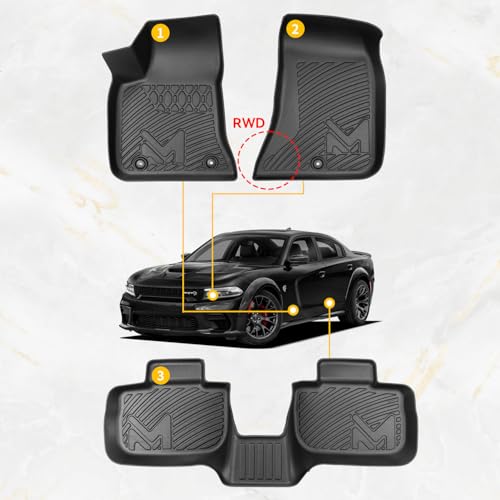 TPE Automotive Floor Mats & Cargo Liner for 2011-2023 Dodge Charger & Chrysler 300 (RWD) Rear-Wheel Drive ONLY, All Weather Cover Protection Waterproof Black Floor Liner Front & Rear Row Full Set - size: 3PCS (2Row), style: For 2011-2023 | Dodge Charger/