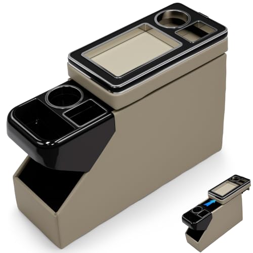 Center Console Between Seat Organizer for Minivans, SUVs, with Key Holder & Cup Holders,Phone Storage for Minivan &SUVs, Middle Van Floor Console Organizer Storage Box- Beige