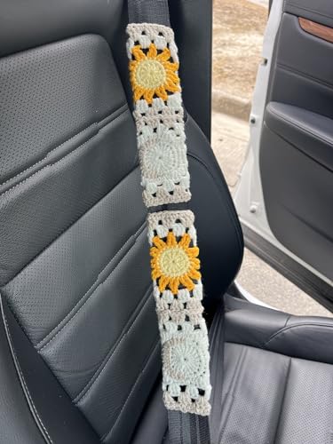 Handmade Crochet Sun Moon Car Steering Wheel Covers Universal 14-15 inch,Cute Steering Wheel Cover,Car Accessories (Steering Wheel Cover+2 Belt Cover) - color: Steering Wheel Cover+2 Belt Cover