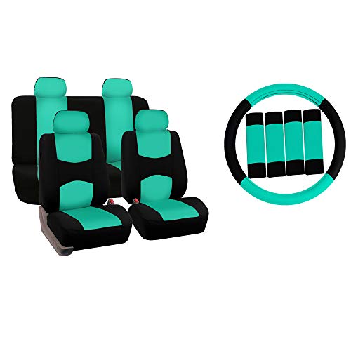 FH Group Car Seat Covers Flat Cloth Automotive Mint Full Set, Rear Solid Bench Universal Fit Combo Steering Wheel Cover & Seat Belt Pads Car Seat Protector for Cars Trucks SUV Interior Accessories - color: Mint / Black