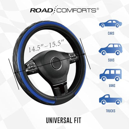 Road Comforts Leather Steering Wheel Cover – Black & Blue, Universal Fit 14.5-15 Inch, Microfiber Leather, Anti-Slip & Breathable Design for Men and Women - color: Blue