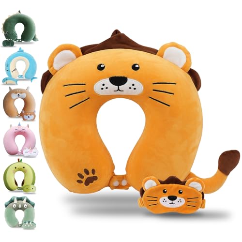 Sexysamba Cartoon Headrest & Neck Pillow for Kids Boys & Girls, Teens, Travel Accessories for Airplane, Car, Recline, Memory Foam Cute Travel Pillow with Sleep Eye Mask - Lion - color: Lion