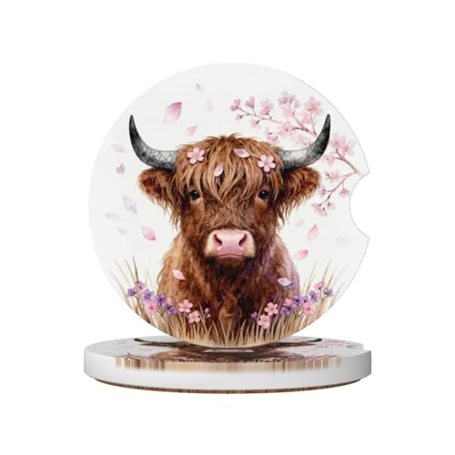 Highland Cattle Pink Petals 2 Pack Car Cup Holder Coasters Absorbent Ceramic Drink Coasters 2.56" Universal Anti Slip Cup Mat with Non-Scratch Cork Base Finger Notch Auto Accessories Interior - color: Gold