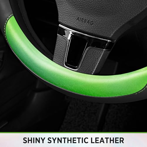 Road Comforts Steering Wheel Cover – Breathable Leather Steering Wheel Cover, Anti-Slip Grip, Universal Fit 14.5” to 15”, Heat & Cold Resistant for Cars, SUVs, and Trucks – Black & Shining Green - color: Black&Green