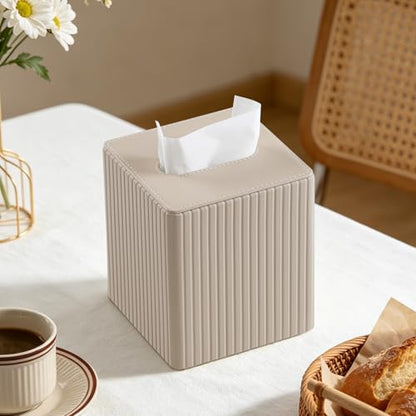 PU Leather Tissue Box Cover Square Tissue Box Holder with Magnetic Closure (Beige Fluted) - color: Beige Fluted