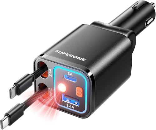 Retractable Car Charger, 69W Car Charger Adapter for iPhone 17 USB C Charger Fast Charging with Starry Light, Car Accessories Compatible with iPhone 17/16/15/14/13/12, iPad, Android, Pixel - color: Starlight, size: Type C & Apple Cord