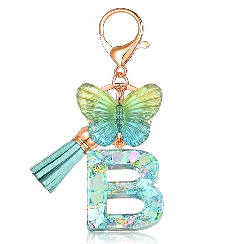 JINGUAZI Initial letter Keychains for Women Tassel Butterfly Pink Purple Cute Car Keychain for Wallet Backpack bag charm - color: B-green