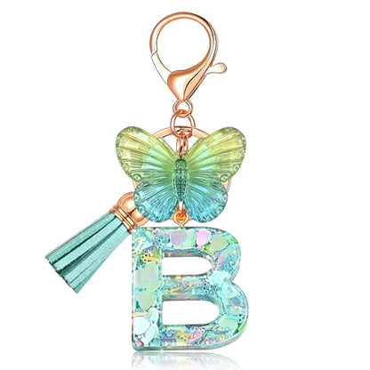 JINGUAZI Initial letter Keychains for Women Tassel Butterfly Pink Purple Cute Car Keychain for Wallet Backpack bag charm - color: B-green