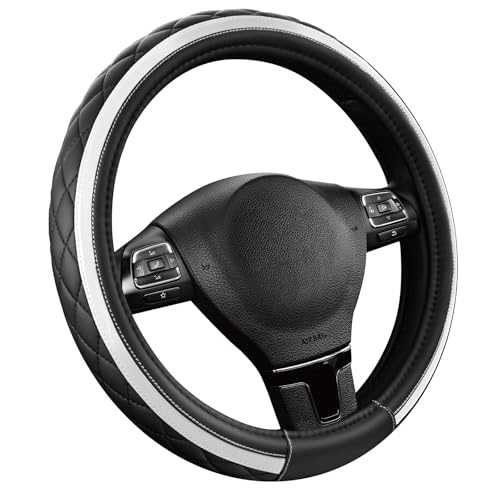 Road Comforts Leather Steering Wheel Cover – Black & Silver, Universal Fit 14.5-15 Inch, Microfiber Leather, Anti-Slip & Breathable Design for Men and Women - color: Silver