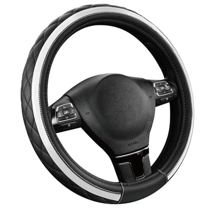 Road Comforts Leather Steering Wheel Cover – Black & Silver, Universal Fit 14.5-15 Inch, Microfiber Leather, Anti-Slip & Breathable Design for Men and Women - color: Silver