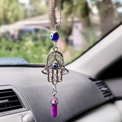 LUCKBOOSTIUM Hand Protection Amulet Car Rearview Mirror Hanging Ornament Accessories with Evil Eye Good Luck Charms - (2"x11", Amethyst) - color: Amethyst