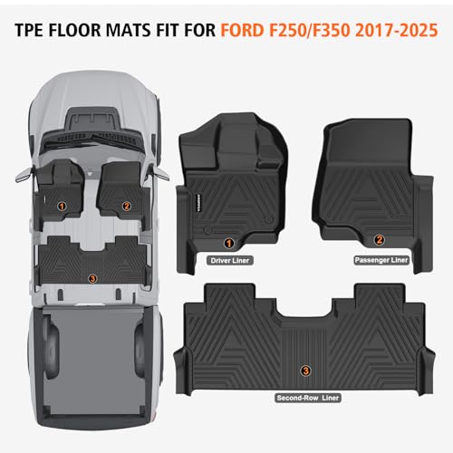 All Weather Floor Mats for 2017-2026 Ford F250/F350/F450 SuperCrew Cab with Rear Under Seat Storage, TPE Rubber Floor Liners Anti-Slip Full Set Automotive Mats for 2024 2025 F250/F350/F450 Accessories