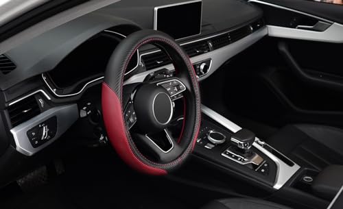 LABBYWAY Microfiber Leather Auto Car Steering Wheel Cover, Universal 15 Inch Anti-Slip Wheel Protector, Claret - color: Fiber Rose Red