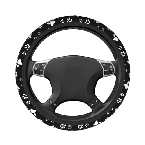 Black and White Dog Cat Paw Print Steering Wheel Cover for Women Men with 2 Pcs Car Coasters, 15 Inches Neoprene Anti-Slip Cute Universal Car Accessories Protective Cover for Vehicle - color: Black And White Paw Print