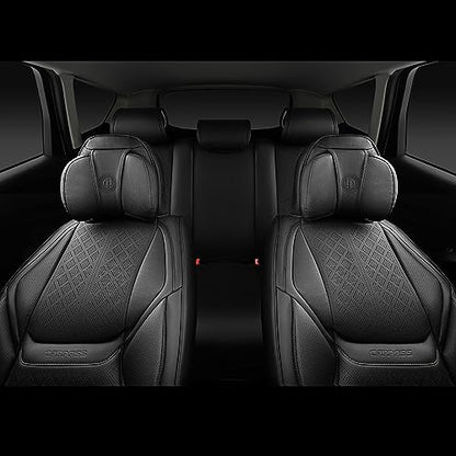 CAR PASS Nappa Leather Car Seat Covers 5 Seat, Luxury Lumbar Support, Waterproof Breathable Durable All Coverage Leatherette Seat Covers for SUVs,Pickups,Trucks,Vehicles (Full Set Solid Black) - color: Black