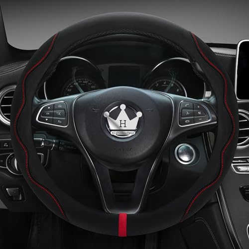 Luxury Suede Steering Wheel Cover for Cars, Soft Leather Padded Wheels Cover for Sedan, SUV, Thin Car Handle Cover, Universal Fit, Anti Slip, 14.75-15.15in, Black