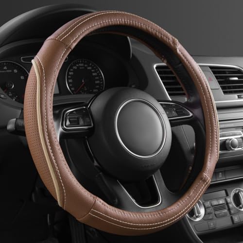 CAR PASS Brown Delux Leather Steering Wheel Cover, Universal Fit for Suvs,Sedans,Vans,Small Trucks for 14.5" to 15"(Brown & Beige Piping) - color: Brown