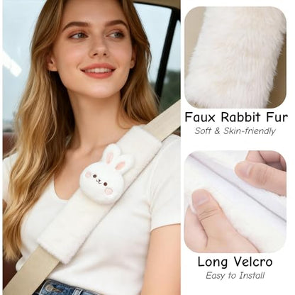 2 PCS Seat Belt Cover Pad, Cute Kawaii Animal Bunny Seatbelt Covers for Kids and Adults, Winter Plush Fluffy Soft Seat Belt Cover, Cartoon Seatbelt Cushion,Car Seat Strap Pads (F-Bunny)